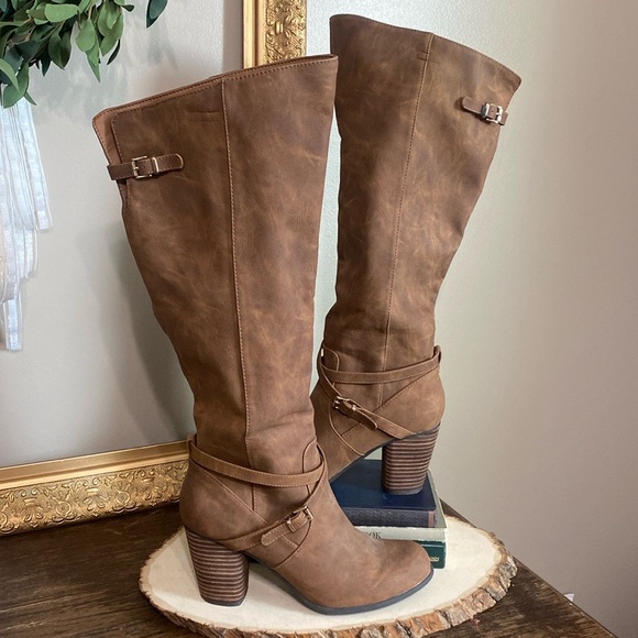 Madden Girl - Davvis Tall Shaft Boots (Cognac w/ Buckle details). Women's size 9 - Picture 2 of 11